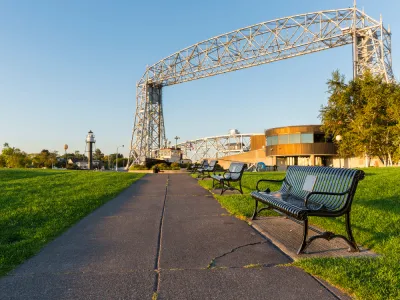 a bench in canal park in Duluth