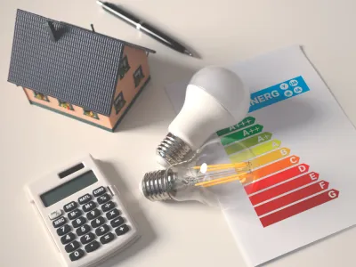 energy efficiency graphic with calculator, two light bulbs, a model of a house and a pen