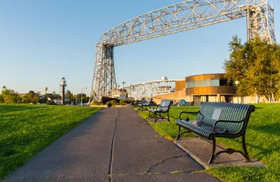 a bench in canal park in Duluth