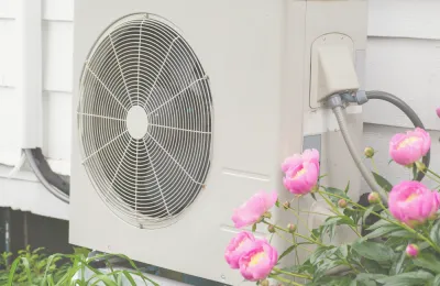 Picture of a heat pump behind some flowers