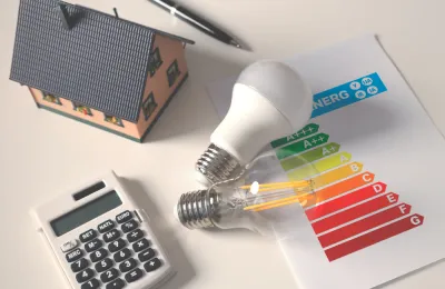energy efficiency graphic with calculator, two light bulbs, a model of a house and a pen