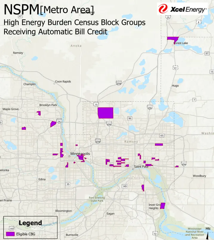 map of census tracts eligible for Xcel's automatic bill credit