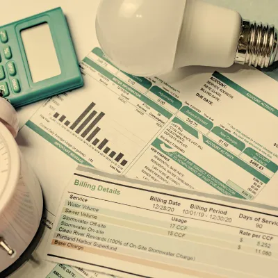 energy bills, covered by a clock, lightbulb, and calculator